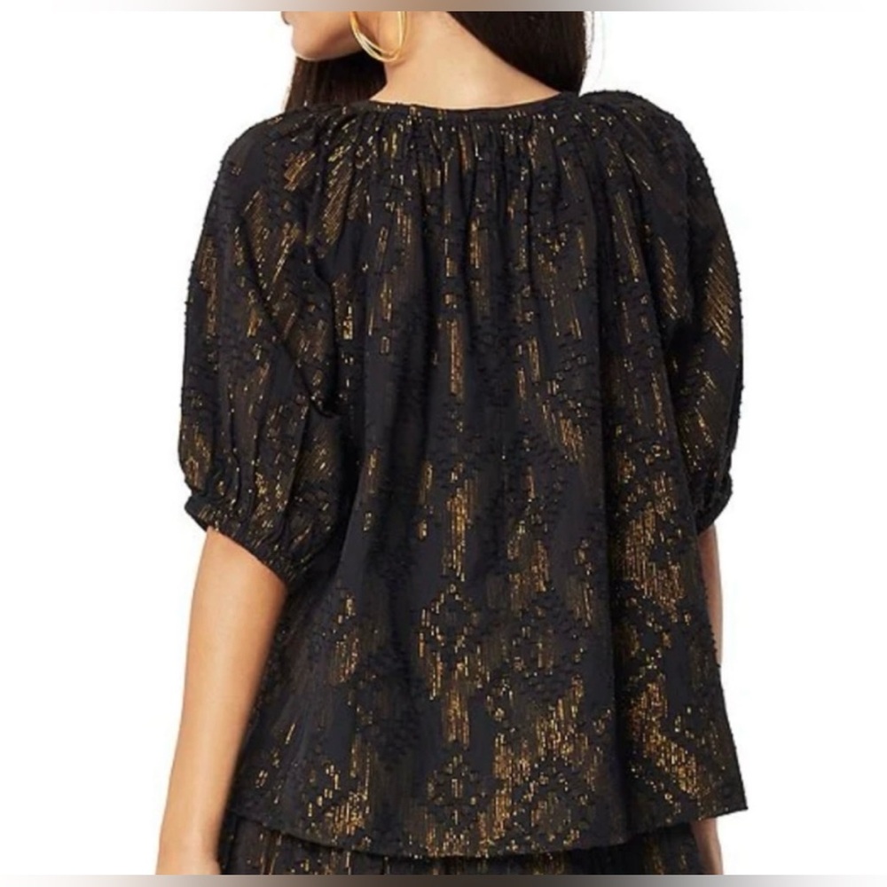 Roller Rabbit Black Gold Metallic Blouse Womens Top XS Holiday Boho Cotton - Picture 3 of 10